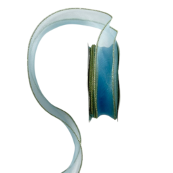 ริบบิ้นหางปลาสีฟ้าขลิบทอง ริบบิ้นชีฟองสีฟ้าขอบทอง ริบบิ้นผ้าแก้วสีฟ้า