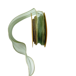 ริบบิ้นหางปลาสีเขียวขลิบทอง ริบบิ้นชีฟองสีเขียวขอบทอง ริบบิ้นผ้าแก้วสีเขียว