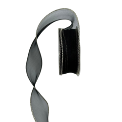 ริบบิ้นหางปลาสีดำขลิบทอง ริบบิ้นชีฟองสีดำขอบทอง ริบบิ้นผ้าแก้วสีดำ